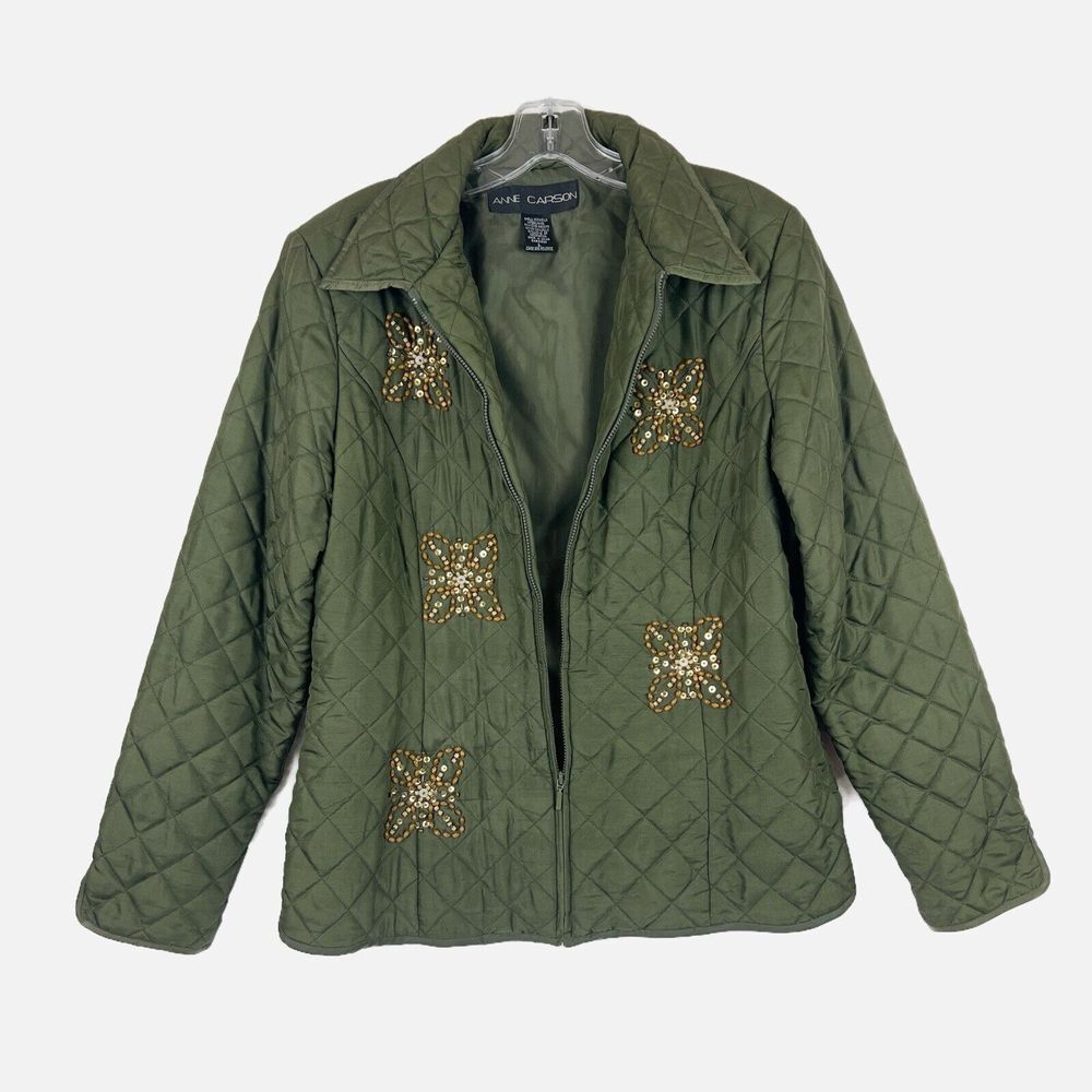 ANNE CARSON Olive Green Quilted Full Zip 100% Silk Beaded Floral Jacket Sz Large